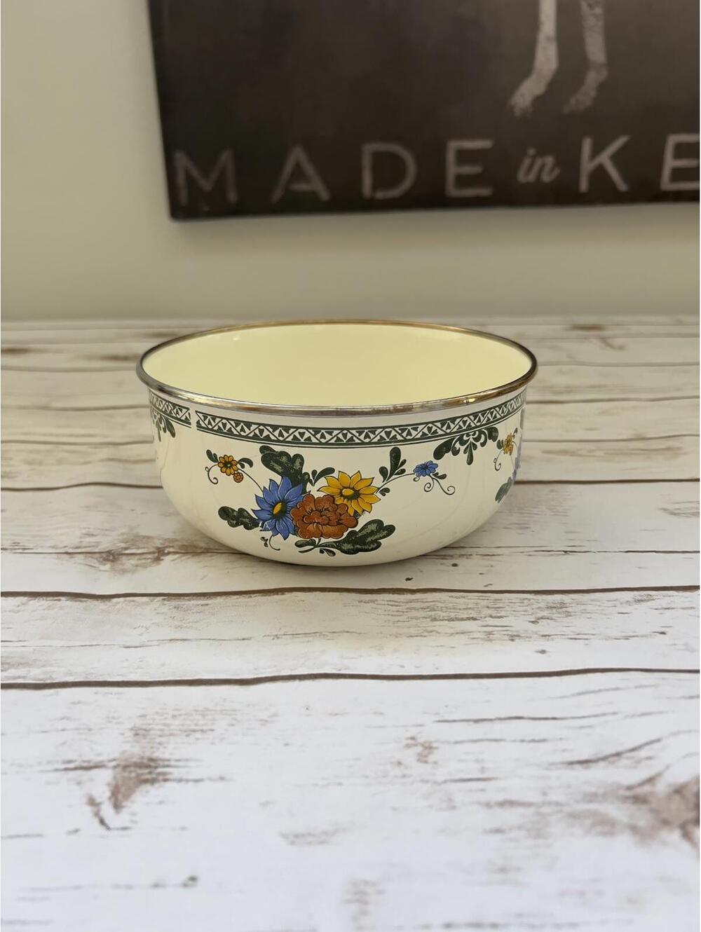 Vintage Kensington Enamelware‎ Floral Ceramic Bowl with Silver Trim